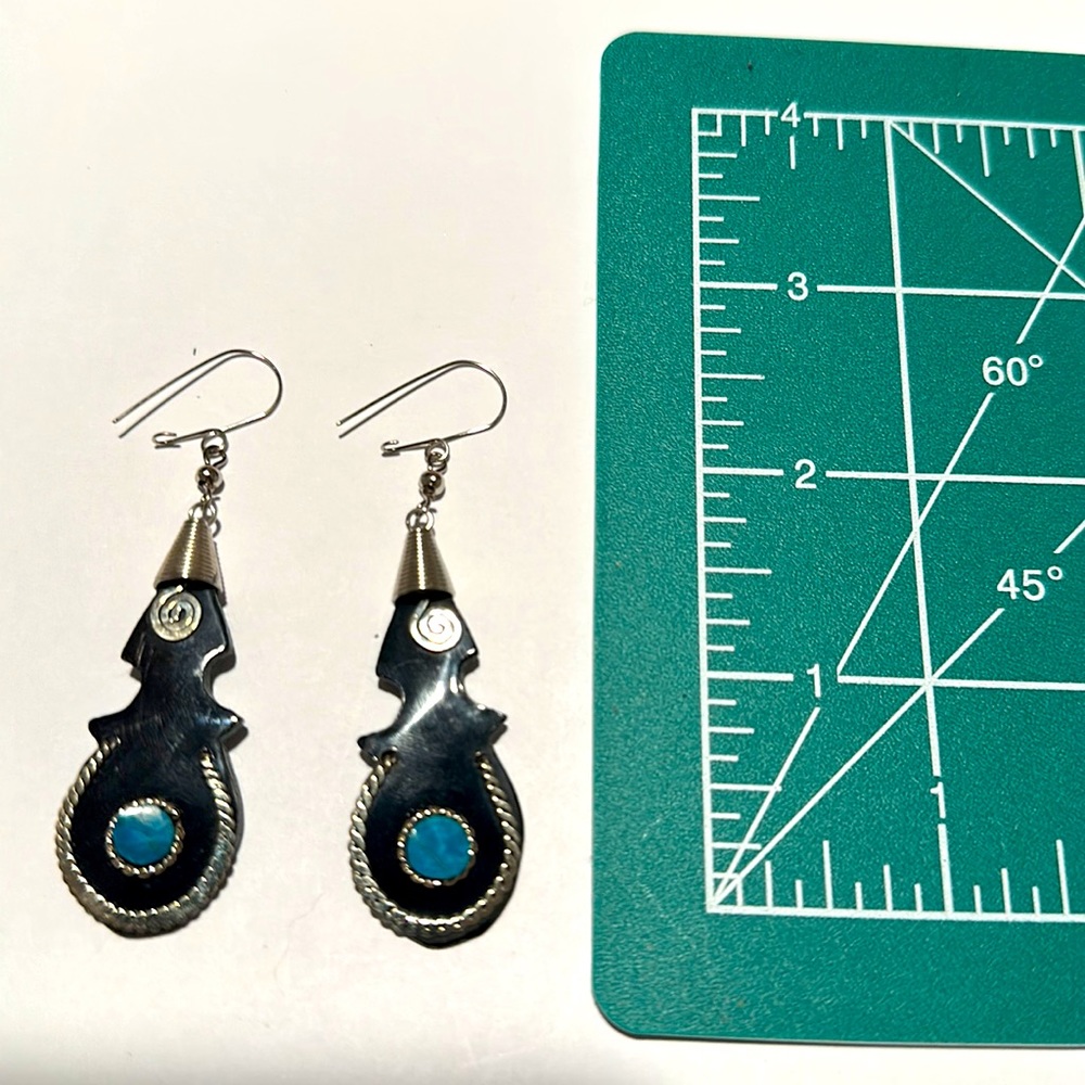 New Turquoise antler alpaca wire dangling earrings handmade handcarved Colombian